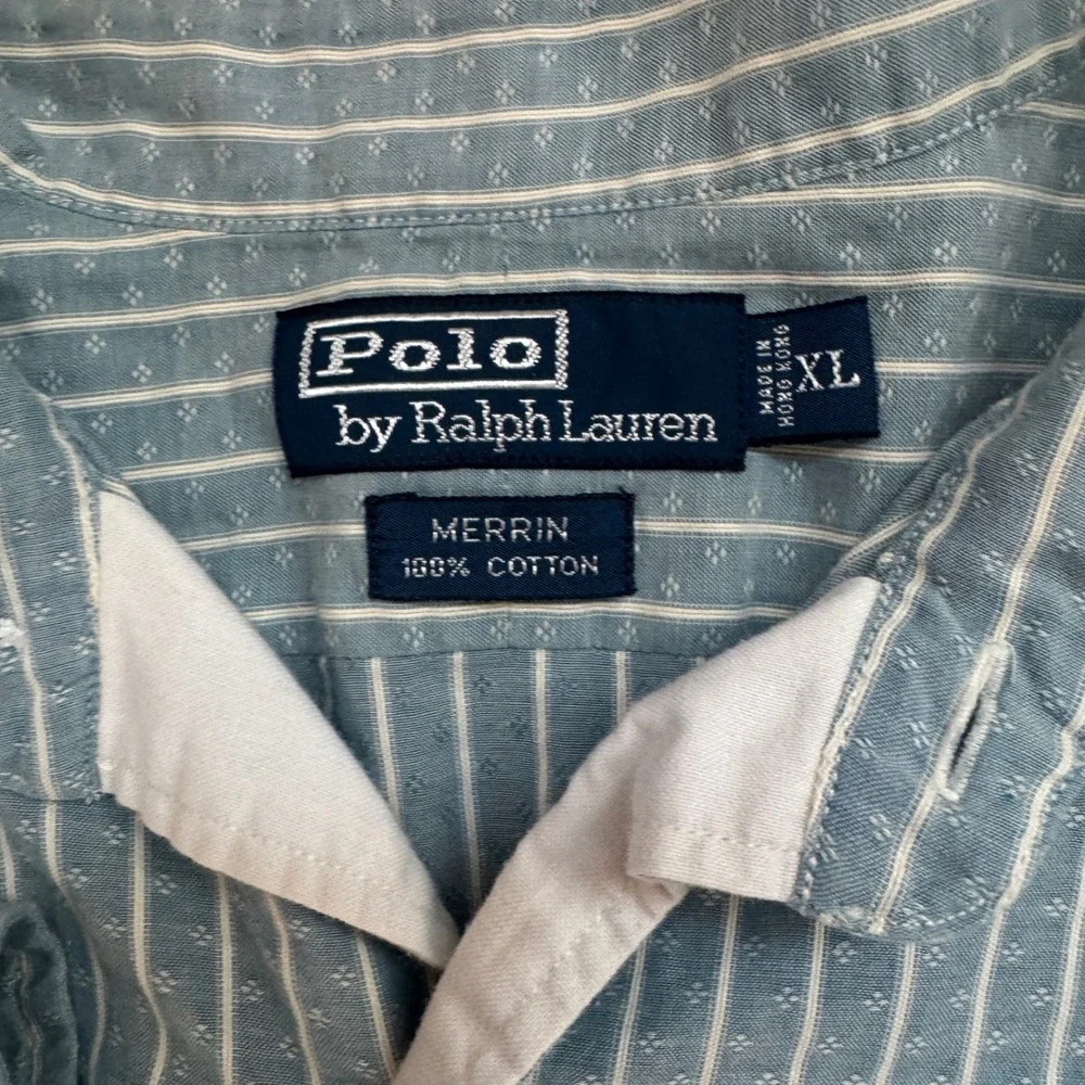 Polo Ralph Lauren Merrin Blue‎ White Striped Dobby Cotton Shirt Mens XL Summer
